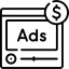  black icon of a computer monitor displaying a Ads text on screen illustrating the concept of paid marketing-campaign in digital marketing solutions