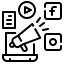 Icon of a monitor, speaker, facebook and video symbol depicting social media marketing in digital marketing solutions 